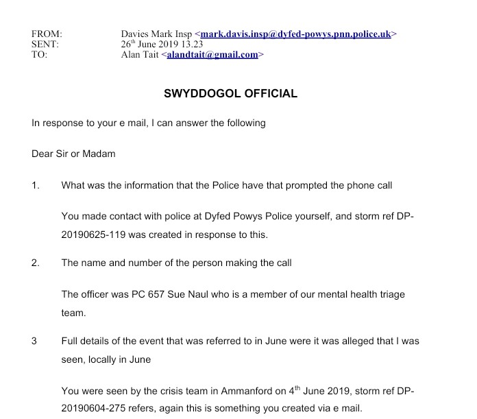 Police statement claiming mental health contact